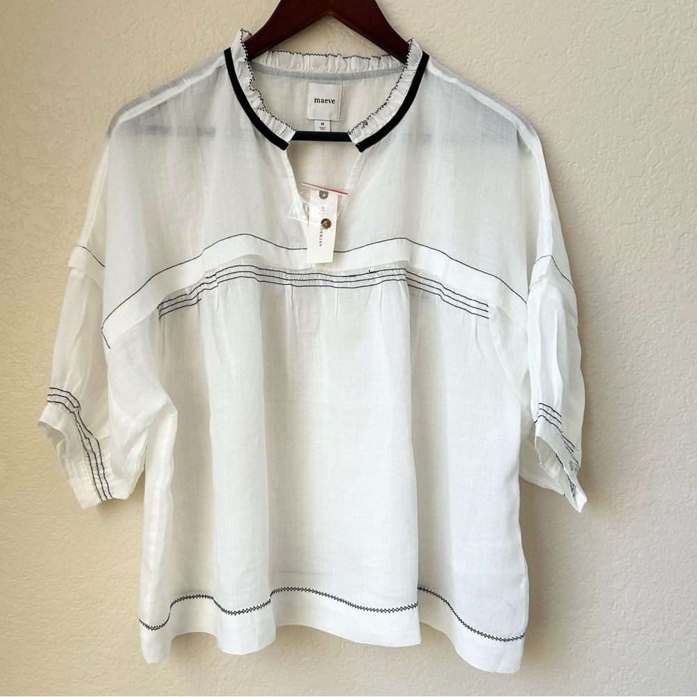 NWT Anthropology Maeve Balloon-Sleeve V-Neck Stitched Blouse Size M - Picture 4 of 8